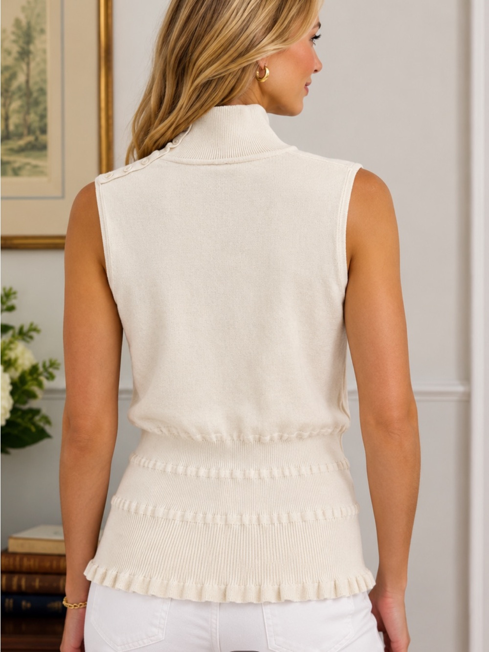 NWT Magaschoni Ivory White Sleeveless Turtleneck Sweater XL Preppy - Picture 2 of 5